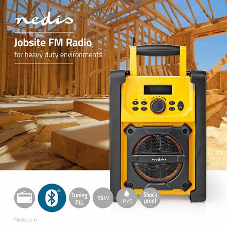 Nedis FM-Bouwradio | 15 W | Bluetooth® | IPX5 | Handvat | Geel / Zwart